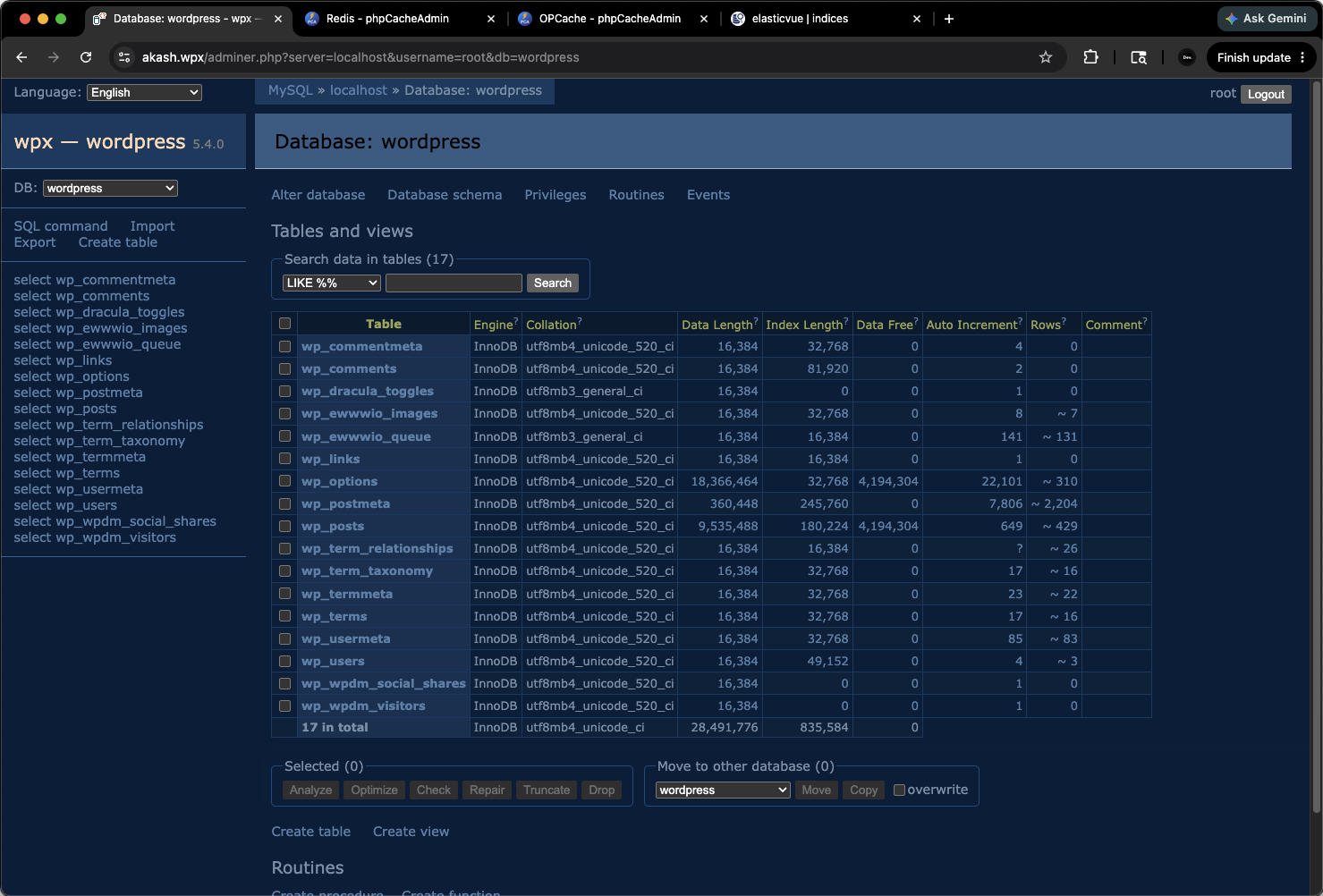 Adminer database browser bundled with wpx