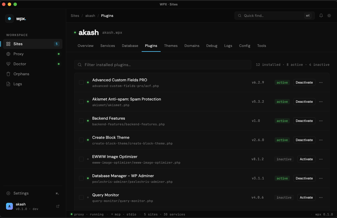 wpx desktop app — plugins panel with direct-DB rescue toggle