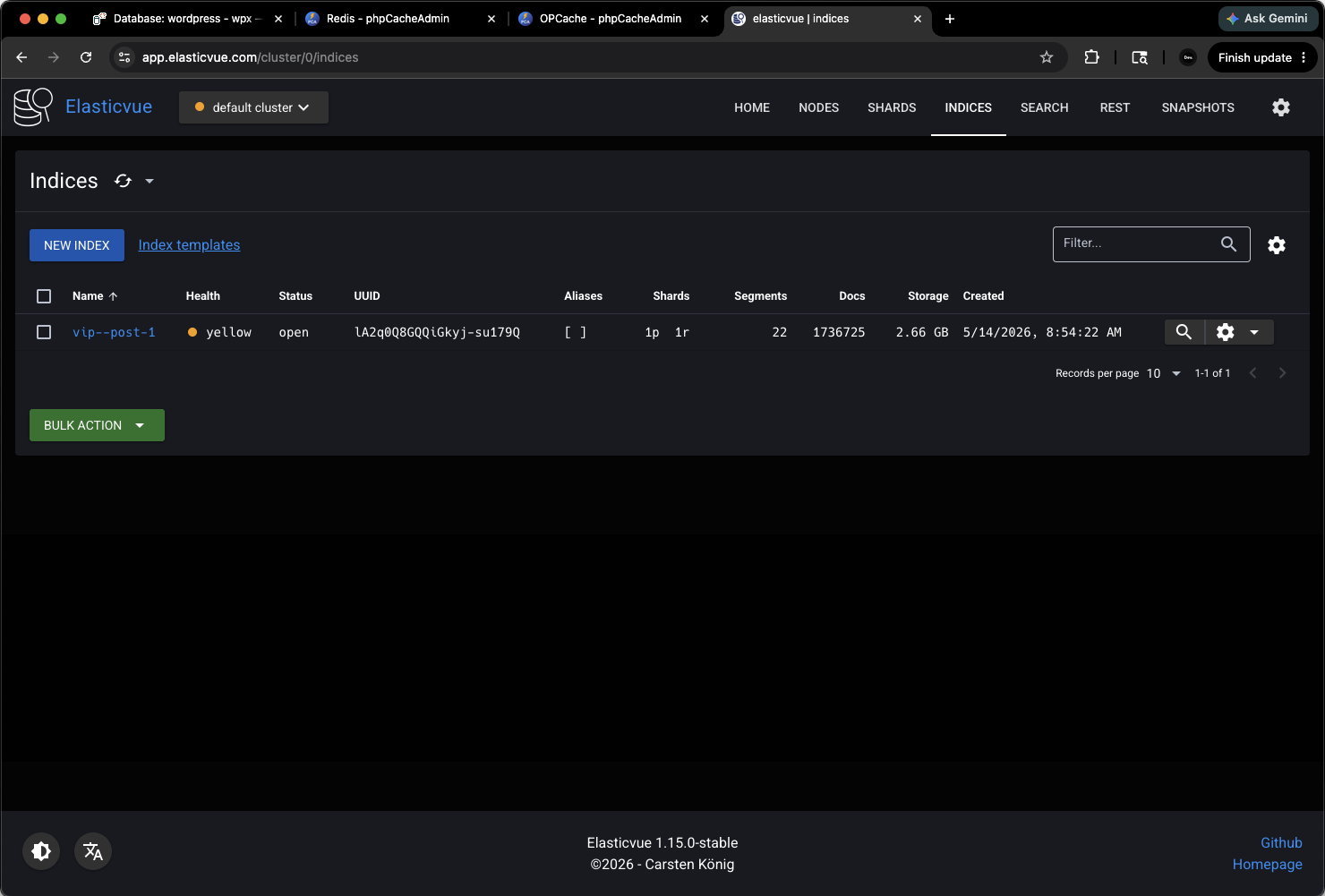 Elasticsearch admin UI bundled with wpx VIP preset